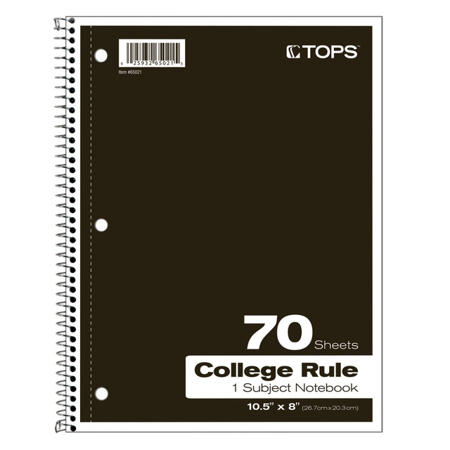 TOPS BUSINESS FORMS 65021 TOPS Notebook, 8in x 10 1/2in, 1-Subject, College Ruled, 140 Pages (70 Sheets), Assorted Colors