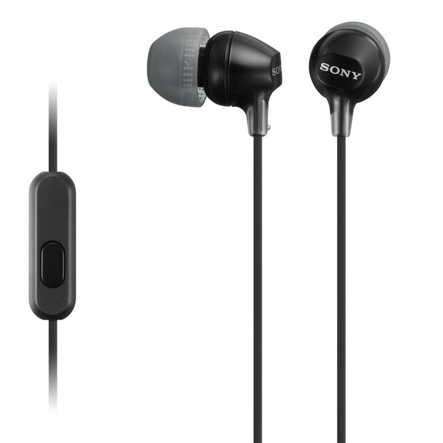 Receive calls or listen to music with these black Sony EX Monitor headphones. The high-power neodymium magnets deliver rich treble and booming bass, while a cord slider helps prevent tangling for a neat setup. Integrated in-line controls simplify operation, and the generous 3.94-foot cable allows freedom of movement during long conversations. These Sony EX Monitor headphones feature an over-the-ear design and rubber for comfort.  Over-the-ear design provides comfort.  In-line controls enable hassle-free operation during calls.  M3 high-power neodymium magnets deliver high-fidelity sound.  8Hz-22kHz frequency response for rich, vibrant audio.  16ohm impedance efficiently conducts power. -