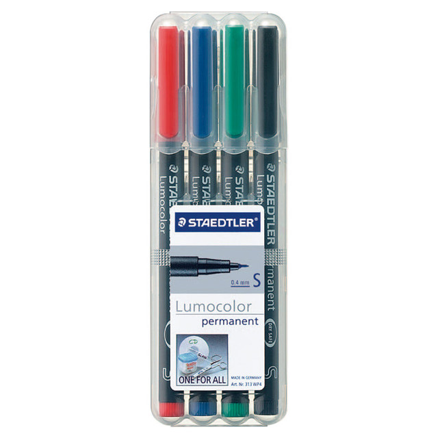 STAEDTLER-MARS GMBH & CO KG 317 WP4 Staedtler Lumocolor Permanent Markers, Fine Point, Black Barrel, Assorted Ink, Pack Of 4 STAEDTLER-MARS GMBH & CO KG 317 WP4 Staedtler Lumocolor Permanent Markers, Fine Point, Black Barrel, Assorted Ink, Pack Of 4