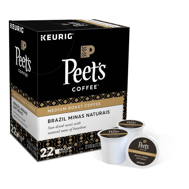 Made from coffee cherries sweetened by the Brazilian sun, these Peets Coffee K-Cup Pods deliver a full-bodied brew. Enjoy it in the morning or as an afternoon pick-me-up.  Experience the rich taste of coffee cherries from the Minas Gerais region in Brazil.  Processed naturally for a smooth, full-bodied taste.  The flavor is sun-dried sweet with natural notes of hazelnut.  Includes a pack of 22 Brazil Minas Naturais coffee pods.  Peets Coffee is not affiliated with Keurig or K-Cup. K-Cup is a registered trademark of Keurig Incorporated.