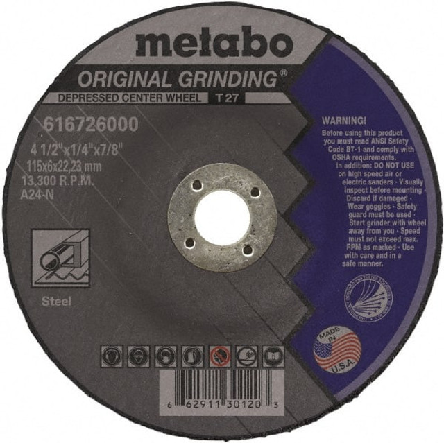 Metabo US616726000 Depressed Center Wheel: Type 27, 4-1/2" Dia, 1/4" Thick, Aluminum Oxide