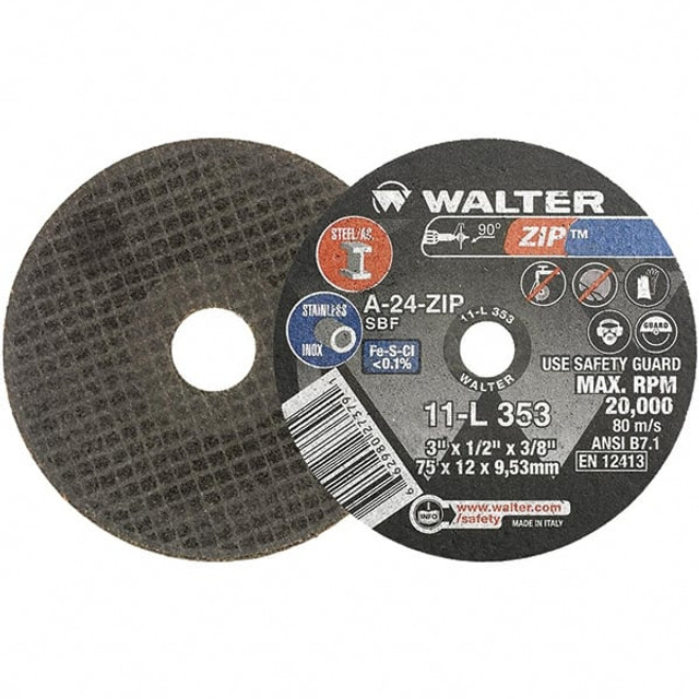 WALTER Surface Technologies 11L353 Cut-Off Wheel: Type 1, 3" Dia, 1/2" Thick, 3/8" Hole, Aluminum Oxide