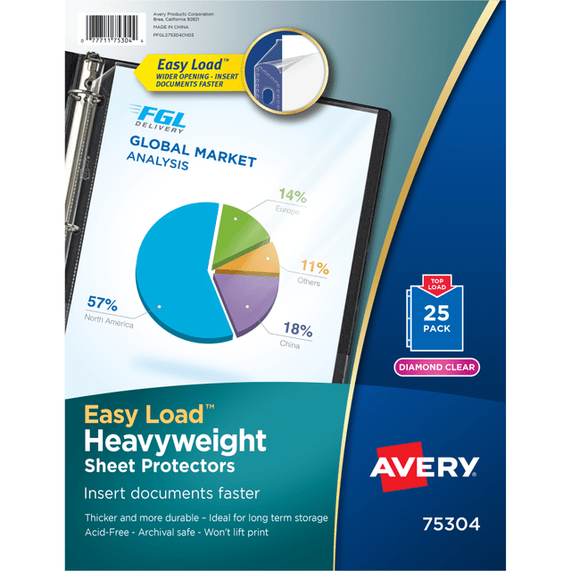 AVERY PRODUCTS CORPORATION 75304 Avery Heavyweight Easy Load Sheet Protectors, 8-1/2in x 11in, Diamond Clear, 25 Document Protectors AVERY PRODUCTS CORPORATION 75304 Avery Heavyweight Easy Load Sheet Protectors, 8-1/2in x 11in, Diamond Clear, 25 Document Protectors