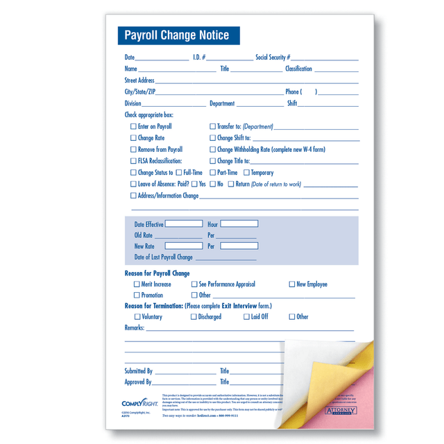 TAX FORMS PRINTING, INC. A2173 ComplyRight Payroll Change Notice Forms, Small, 3-Part, 5 1/2in x 8 1/2in, White, Pack Of 50