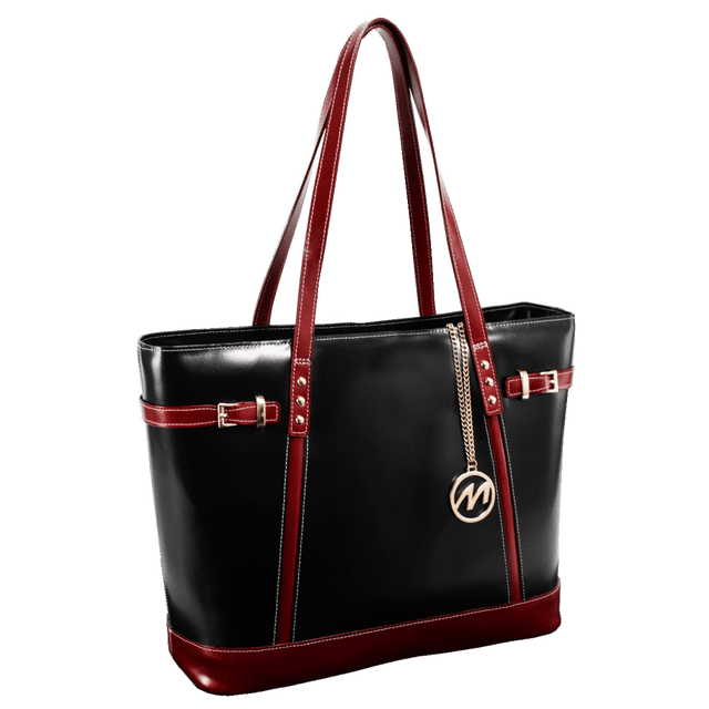 Serafina is a sophisticated and professional woman. This tote comes equipped with exterior zipper pockets, and sufficient space for all types of items. The spacious interior, lined with a stylish print, is equipped with two zippered pockets perfect for storing a tablet and other accessories. The leather handles, leather inlay, and decorative side strap makes for a rich look and feel when coupled with the gold Mcklein key chain  Tote features elegant Gold Key Chain.  Easy Access Exterior back pocket.  One pocket perfect for tablets.  Secure zipper pocket.  Two Leather reinforced accessory slip pockets.