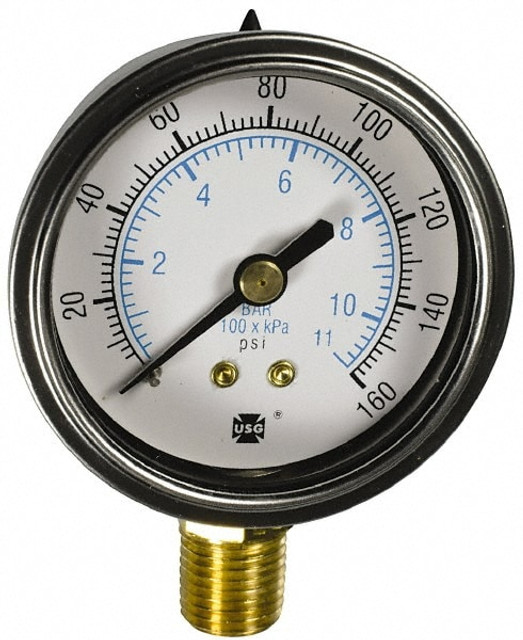 Ametek 165282 Pressure Gauge: 2" Dial, 0 to 30 psi, 1/4" Thread, NPT, Lower Mount