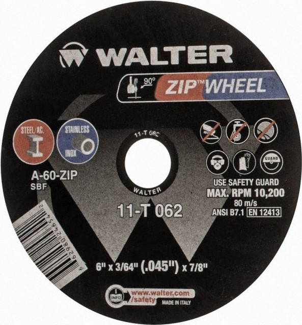 WALTER Surface Technologies 11T062 Cut-Off Wheel: 6" Dia, 3/64" Thick, 7/8" Hole, Aluminum Oxide