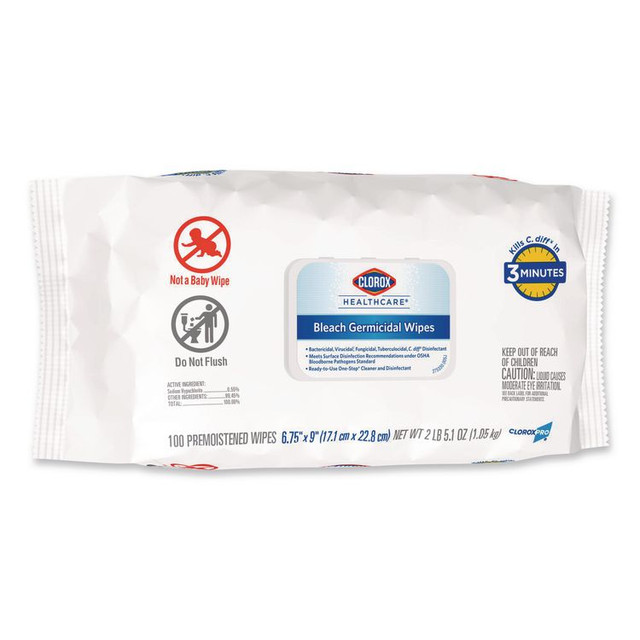 CLOROX SALES CO. Healthcare® 32621 Bleach Germicidal Wipes, Disinfectant Wipes, 1-Ply, 6.75 x 9, Unscented, White, 100 Wipes/Flex-Pack, 6 Flex-Packs/Carton