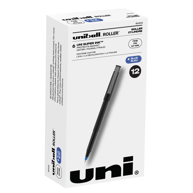 NEWELL BRANDS INC. Uni-Ball 60103  Rollerball Pens, Fine Point, 0.7 mm, 80% Recycled, Black Barrel, Blue Ink, Pack Of 12 Pens