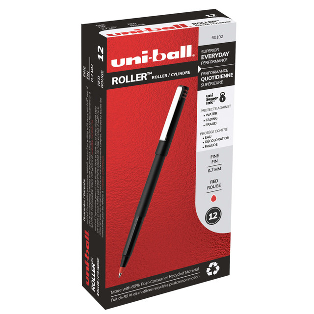 MITSUBISHI PENCIL COMPANY, LTD. Uni-Ball 60102  Rollerball Pens, Fine Point, 0.7 mm, 80% Recycled, Black Barrel, Red Ink, Pack Of 12 Pens