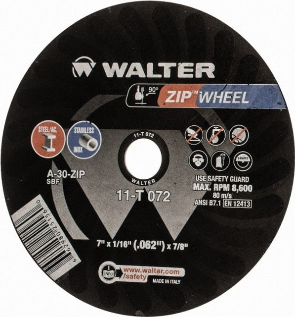 WALTER Surface Technologies 11T072 Cut-Off Wheel: 7" Dia, 1/16" Thick, 7/8" Hole, Aluminum Oxide