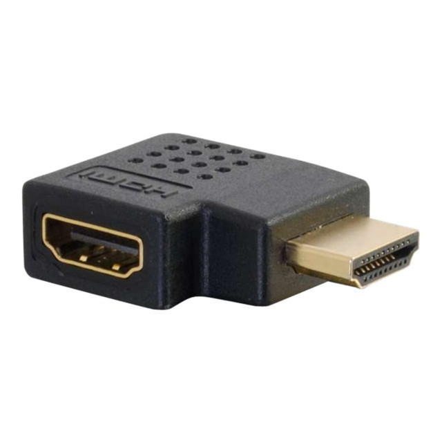 The Right Angle HDMI Adapter with a right exit is ideal for installations in spaces with insufficient depth to support a standard HDMI cable. This adapter extends 1-1/4 inch from the HDMI port of the display and can protect the HDMI cable from damage that could be caused by bending the cable beyond its minimum bend radius to accommodate the installation environment.   Gold plating increases electrical connectivity  High-quality standard HDMI adapter  The A/V adapter connects the audio and video interfaces at both ends