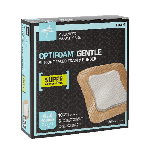 MEDLINE INDUSTRIES, INC. MSC2144EP Medline Optifoam Gentle Silicone-Faced Foam & Border Dressings, 4in x 4in, Natural, Case Of 100