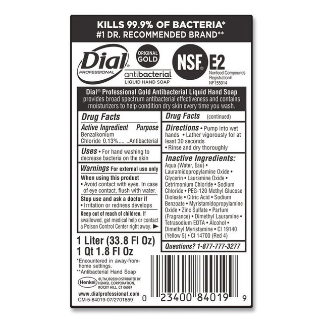 DIAL PROFESSIONAL 84019 Gold Antibacterial Liquid Hand Soap, 1 L, 8/Carton