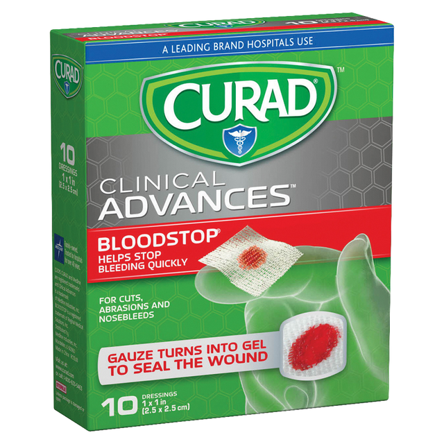 KAZ USA INC. CUR0055RB CURAD BloodStop Hemostatic Gauze Pads, 1in x 1in, Pack Of 10 KAZ USA INC. CUR0055RB CURAD BloodStop Hemostatic Gauze Pads, 1in x 1in, Pack Of 10