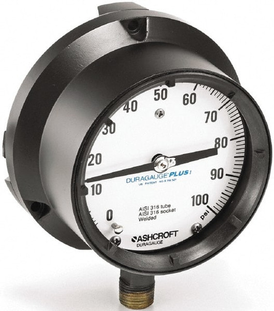 Ashcroft 91544XLL Pressure Gauge: 4-1/2" Dial, 1/2" Thread, Rear Flange Mount