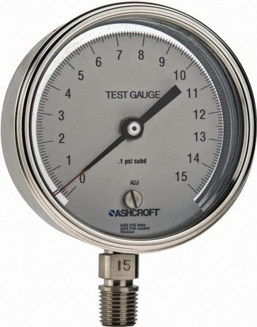 Ashcroft 929082 Pressure Gauge: 3" Dial, 0 to 15 psi, 1/4" Thread, NPT, Lower Mount