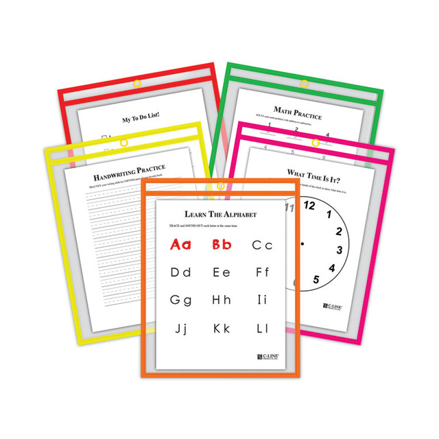 C-LINE PRODUCTS, INC 40820 Reusable Dry Erase Pockets, Super Heavy-Duty, Top Load 9 x 12 Insert, Clear Front, Assorted Neon Border, 25/Box