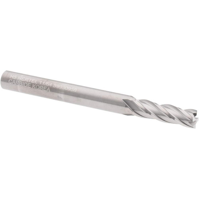 Hertel 750153 Square End Mill: 11/64'' Dia, 9/16'' LOC, 3/16'' Shank Dia, 2'' OAL, 4 Flutes, Solid Carbide