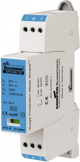 Cooper Bussmann BPHA150D150LV Hardwired Surge Protectors; Voltage: 120 VAC/VDC ; Nominal Discharge Current (kA): 2.00 ; Maximum Continuing Operating Voltage: 150 VAC/VDC ; Surge Protection Capacity (kA): 150 ; Mounting Type: DIN Rail Mount ; Body Mat