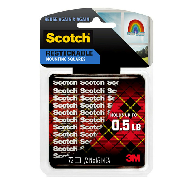 3M CO Scotch R103  Restickable Removable Adhesive Tabs, 1/2in x 1/2in, Clear, Pack Of 72