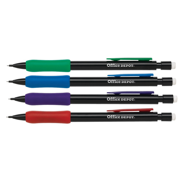 Take notes easily with these Office Depot mechanical pencils. Comfort grips make them easy to handle for comfortable writing, while the built-in eraser lets you take care of mistakes quickly. The extending leads advance with a click, ensuring you always have a sharp tip on hand. Clip these pencils to binders and bags for easy transport. This pack of Office Depot mechanical pencils is ideal for stocking up.  Plastic pencils offer durability in the classroom or office.  Mechanical pencil set features rubber grips for comfortable use.  Built-in eraser eliminates mistakes.  Clip for attaching to binders or bags.  0.7mm lead point.  Black barrel.  Pack of 12 mechanical pencils.  Refillable - designed to be used repeatedly, helping you avoid single-use disposables and potentially save money.