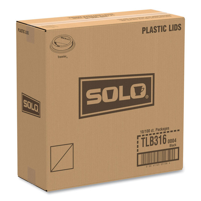 DART SOLO® TLB316 Traveler Cappuccino Style Dome Lid, Fits 10 oz to 24 oz Hot Cups, Plastic, Black, 100/Sleeve, 10 Sleeves/Carton