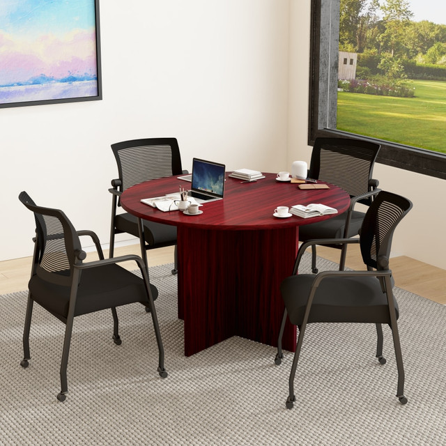NORSTAR OFFICE PRODUCTS INC. Boss GROUP127M-B  Office Products 42in Round Table And Mesh Guest Chairs With Casters Set, Mahogany/Black