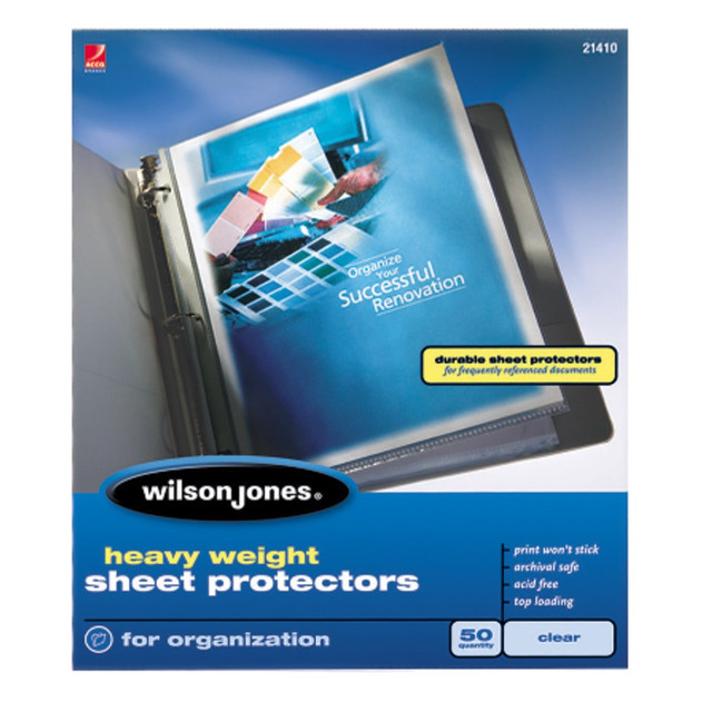 ACCO BRANDS USA, LLC 21410 Wilson Jones Top-Loading Sheet Protectors, Heavyweight, Diamond Clear, Box Of 50 ACCO BRANDS USA, LLC 21410 Wilson Jones Top-Loading Sheet Protectors, Heavyweight, Diamond Clear, Box Of 50