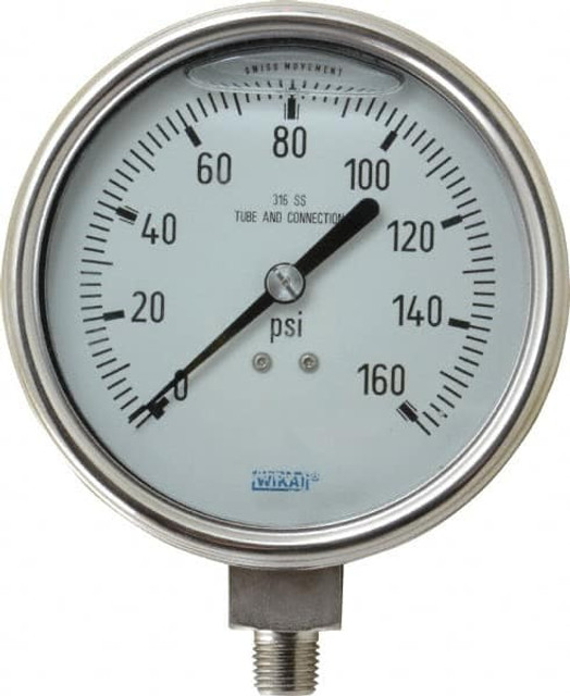 Wika 9832381 Pressure Gauge: 4" Dial, 0 to 160 psi, 1/4" Thread, NPT, Lower Mount