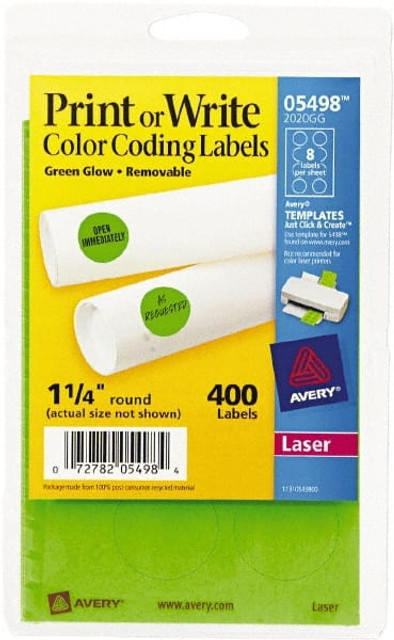 AVERY 05498 Label Maker Label: Neon Green, Paper, 1-1/4" OAL, 1-1/4" OAW, 400 per Roll