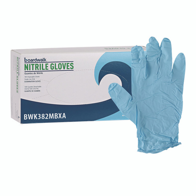 BOARDWALK 382MCTA Disposable Examination Nitrile Gloves, Powder-Free, Medium, 5 mil Thick, 9.5" Long, Blue, 100/Box, 10 Boxes/Carton
