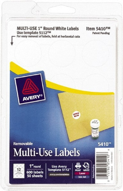 AVERY 05410 Label Maker Label: White, Paper, 1" OAL, 1" OAW
