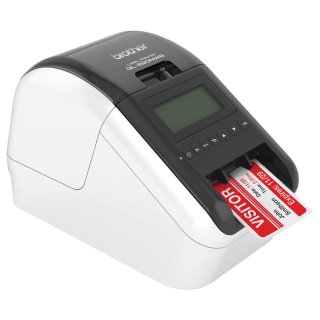 This label printer delivers high-quality prints at fast speeds  Flexible connectivity - The QL-820NWB network label printer features Bluetooth wireless technology, Ethernet and Wireless (802.11b/g/n) interfaces.  Also offers a USB Host interface - for use with a peripheral such as a scanner.  Ultra-fast, up to 110 standard address labels per minute with black text at 300 dpi.  Easy-to-read Monochrome LCD screen allows for standalone use.  Print amazing Black/Red labels using the included DK-2251 paper tape.  Create and print labels from your mobile device when connected to a wireless network.  Optional Li-ion battery for a complete mobile solution.  Easy to integrate and manage on a network using Brother's network management tools and free software development kits. SDKs are available for Windows, iOS and Android systems.  Create cost-effective paper labels for packages, envelopes, file folders, name badges, postage and more.  Windows and Mac compatible.  Energy efficient - designed to use less energy than alternative products, potentially helping you save money and reduce your carbon footprint.