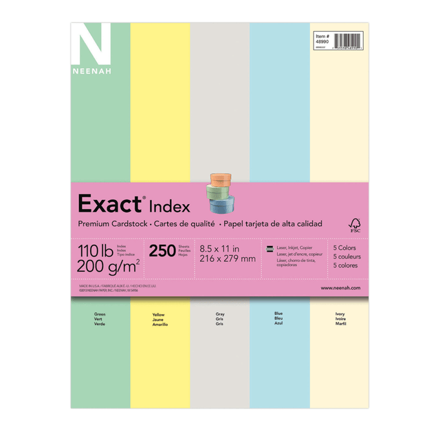 NEENAH PAPER INC Exact 48990  Index Card Stock, Assorted Colors, Letter (8.5in x 11in), 110 Lb, Pack Of 250