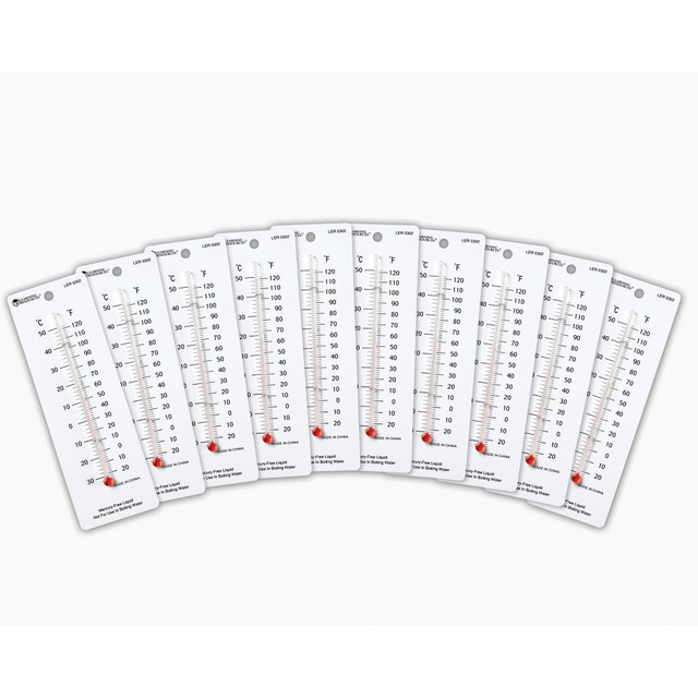 Easy-to-read thermometer measures Fahrenheit and Celsius temperature accurately.  Measures 2in x 6in with plastic backing.  Set of 10.