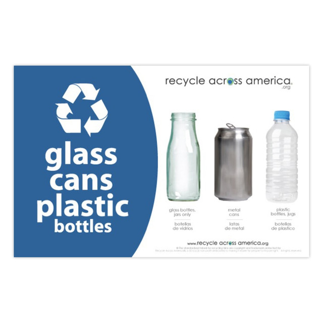 PACKAGING DYNAMICS Recycle Across America GCP-5585  Glass, GCP-5585, Cans And Plastics Standardized Recycling Label, 5 1/2in x 8 1/2in, Blue