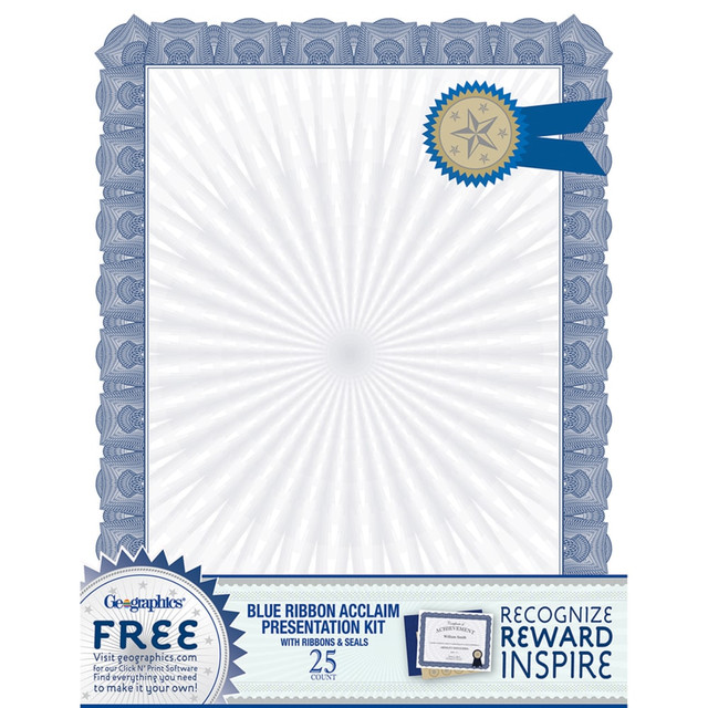 ROYAL CONSUMER PRODUCTS, LLC 47860 Geographics Certificates, 8-1/2in x 11in, Blue Ribbon Acclaim, Pack Of 25