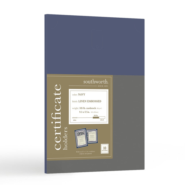 Life Is Noteworthy. Present and display paper awards with these Southworth Navy Linen Embossed Certificate Holders. The 105-pound paper weight cardstock provides a stable background for your paper award, and the curved die-cut corners hold the certificate securely in place. This pack of 10 Southworth Certificate Holders lets you hand out awards to multiple individuals.  Premium certificate holders commemorate accomplishments.  Premium 105 lb. cardstock is durable and creates a stylish certificate frame.  Certificate holder measures 9 1/2in x 12in and fits any 8 1/2in x 11in document.  Curved dye cut corners.  10 certificate frames per package.  A built-in tab allows the recipient to easily and proudly display certificates.  Lignin- and acid-free paper to resist yellowing and disintegration.