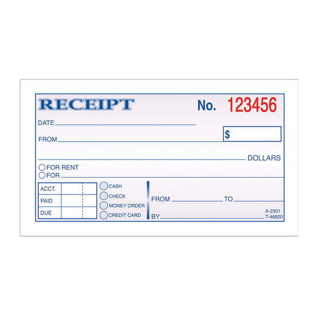 TOPS BUSINESS FORMS DC2501 Adams Money/Rent Receipt Book, 5 3/8in x 2 3/4in, 2-Part, Carbonless, 50 Set Book