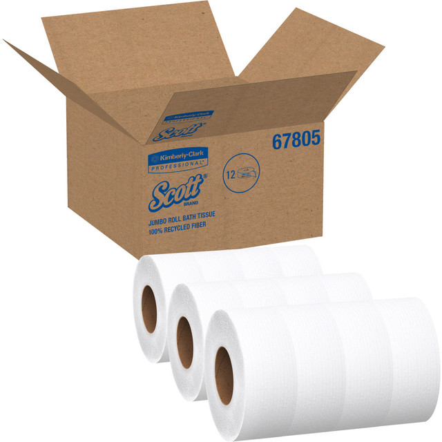 KIMBERLY-CLARK Scott KCC67805  100% Recycled Fiber High-Capacity Jumbo Roll Toilet Paper - 2 Ply - 3.55in x 1000 ft - White - Fiber - 12 / Carton