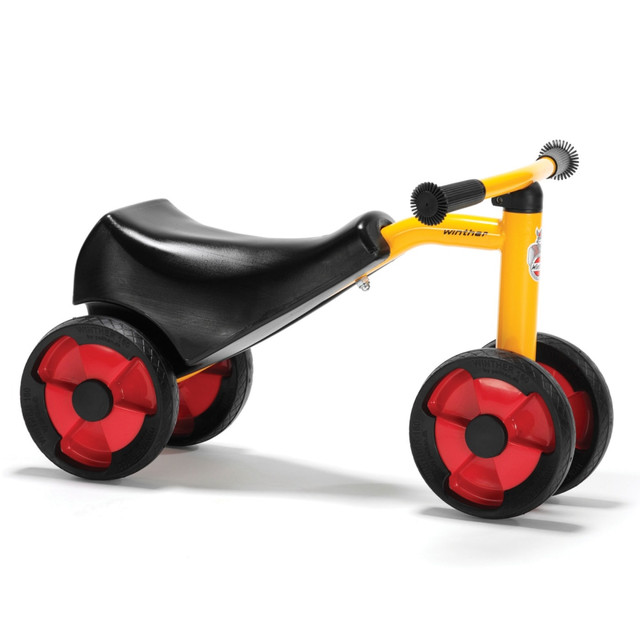 Introduce your child to an exhilarating ride on this 4-wheel scooter  Phosphate-treated and powder-coated frame, fork and handlebar deliver lasting strength. Rounded-off shapes eliminate sharp edges.  Anatomical seat helps provide a comfortable ride.  Handlebar grips make it easy for toddlers to steer.  Spokeless wheels with wide tires and nylon bearings roll along easily.  Non-slip pedals and a 1-piece crank allow smooth motion.  Frame and fork are backed by the manufacturers 3-year limited warranty.
