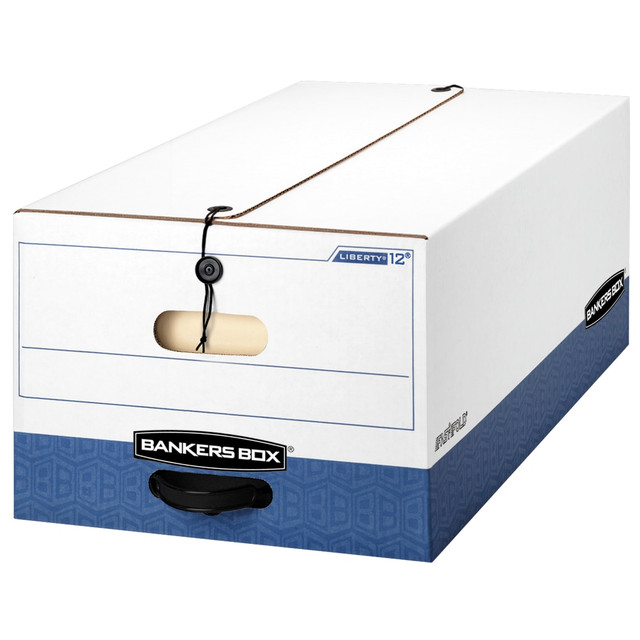 FELLOWES INC. 001203 Bankers Box Liberty FastFold Heavy-Duty Storage Boxes With Locking Lift-Off Lids And Built-In Handles, Legal Size, 24in x 15in x 10in, 60% Recycled, White/Blue, Case Of 4 FELLOWES INC. 001203 Bankers Box Liberty FastFold Heavy-Duty Storage Boxes With Locking Lift-Off Lids And Built-In Handles, Legal Size, 24in x 15in x 10in, 60% Recycled, White/Blue, Case Of 4