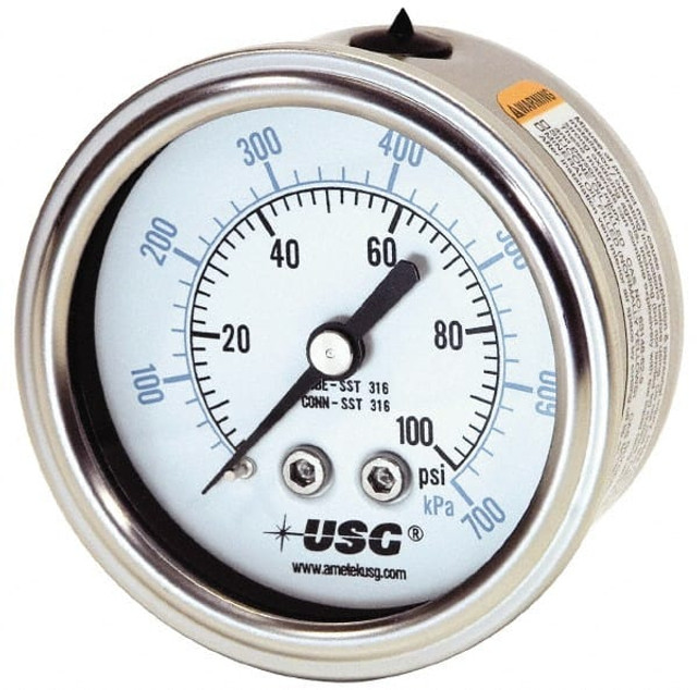 Ametek 165292 Pressure Gauge: 2" Dial, 1/4" Thread, Center Back Mount