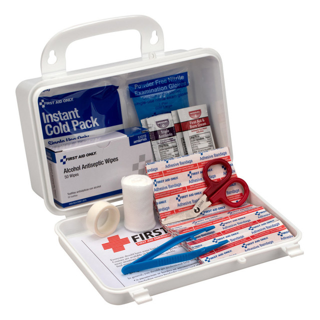 Stay well-stocked for minor emergencies.  Kit contains 113 pieces to treat minor injuries like cuts and scrapes.  Plastic case has an easy-to-carry handle and is wall mountable for quick access in an emergency.  Keep it in your kitchen drawer, under a car seat or in an office drawer.
