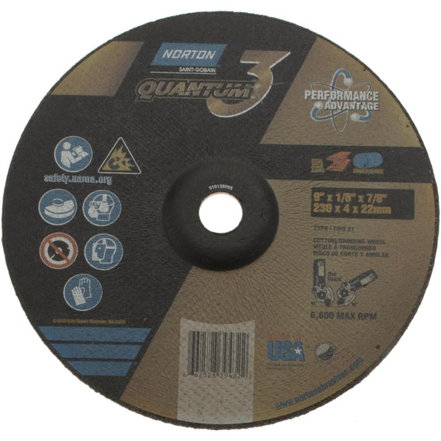 Norton 66252839432 Depressed Grinding Wheel:  Type 27,  9" Dia,  1/8" Thick,  7/8" Hole,  Ceramic Alumina