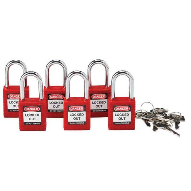 Brady 105890 Lockout Padlock: Keyed Alike, Key Retaining, Nylon, Nylon Shackle, Red