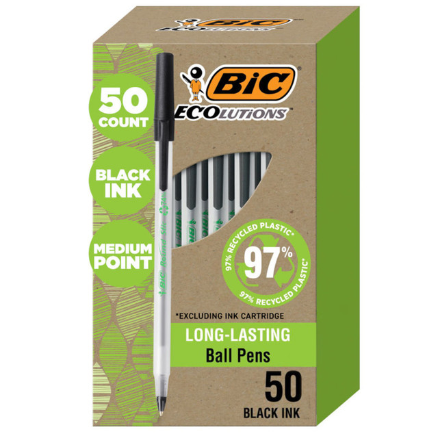 BIC CORP GSME509-BLK BIC Ecolutions Round Stic Ball Pens, Medium Point, 1.0 mm, 74% Recycled, Translucent Barrel, Black Ink, Pack Of 50 Pens BIC CORP GSME509-BLK BIC Ecolutions Round Stic Ball Pens, Medium Point, 1.0 mm, 74% Recycled, Translucent Barrel, Black Ink, Pack Of 50 Pens