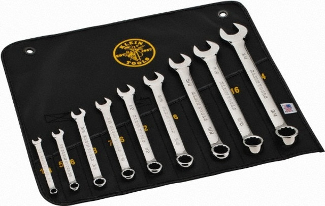 Klein Tools 68402 Combination Wrench Set: 9 Pc, 1/2" 1/4" 11/16" 3/4" 3/8" 5/16" 5/8" 7/16" & 9/16" Wrench, Inch