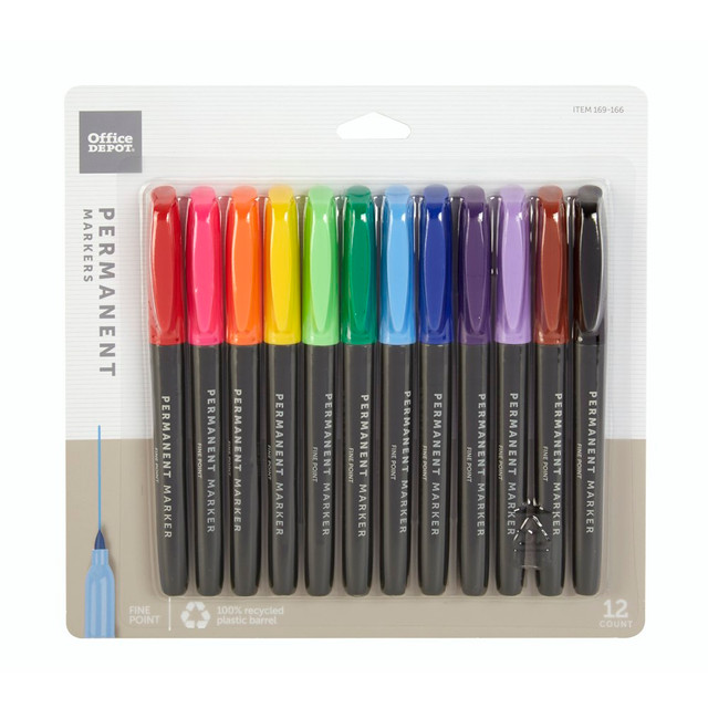 OFFICE DEPOT P-2111B12/12  Brand Permanent Markers, Fine Point, 100% Recycled Plastic Barrel, Assorted Colors, Pack Of 12